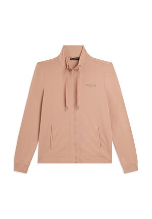 Veste zippée rose clair avec col montant, cordons, deux poches avant et logo "FREDDY" sur le côté gauche de la poitrine.