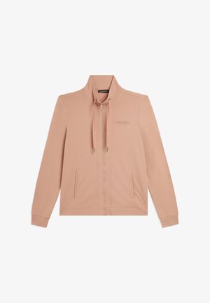 Veste zippée rose clair avec col montant, cordons, deux poches avant et logo "FREDDY" sur le côté gauche de la poitrine.