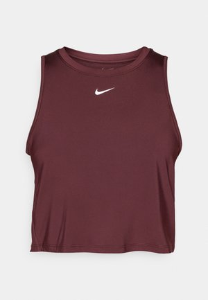 Débardeur court bordeaux en matière lisse et extensible. Présente un col rond et un logo Nike en swoosh blanc au centre.