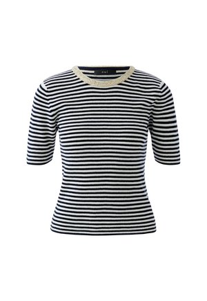 Short-sleeve ribbed knit top with black and white horizontal stripes and a metallic gold round neckline trim.