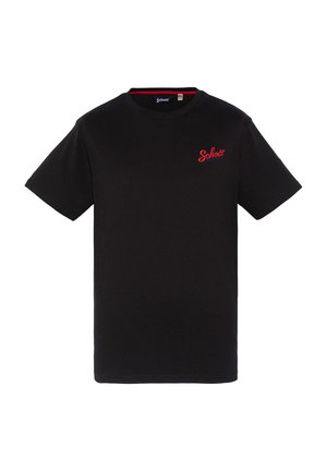 Camiseta de algodón negra con cuello redondo, mangas cortas y un logotipo bordado en rojo de "Schott" en el lado izquierdo del pecho. Textura suave y lisa.
