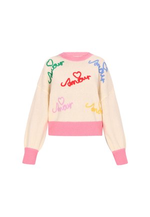 Pulover tricotat crem cu manșete, guler și tiv roz, decorat cu text brodat multicolor "Amour" și motive în formă de inimă.