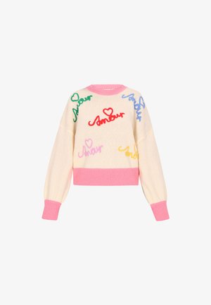 Pulover tricotat crem cu manșete, guler și tiv roz, decorat cu text brodat multicolor "Amour" și motive în formă de inimă.