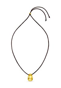 Pendentif doré sur un cordon marron, présentant une forme lisse et arrondie. Longueur ajustable avec un nœud simple en haut.