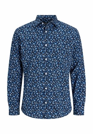 Chemise homme à manches longues avec une base bleu foncé et un petit motif floral bleu clair et blanc.