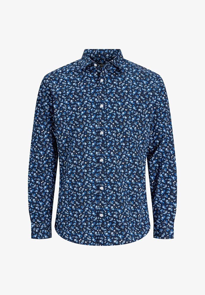Chemise homme à manches longues avec une base bleu foncé et un petit motif floral bleu clair et blanc.