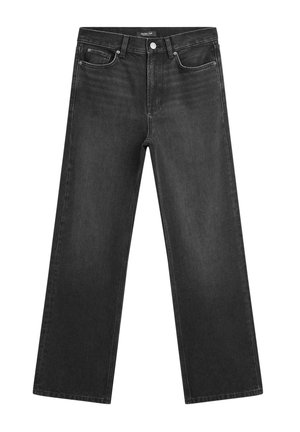 Wijd gesneden zwarte denim jeans met een hoge taille, voorzakken en subtiele vervagingdetails. De stof heeft een gladde, stevige textuur.