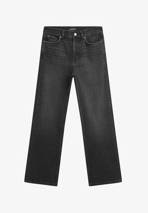Wide-leg black denim jeans with a high waist, front pockets, and subtle faded detailing. The fabric features a smooth, sturdy texture.