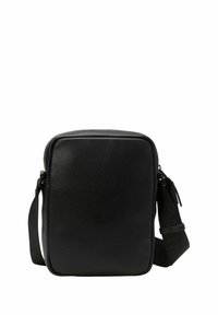 Borsa a tracolla in pelle nera con finitura testurizzata, forma rettangolare, tracolla regolabile e chiusura con zip. Design semplice e materiale durevole.
