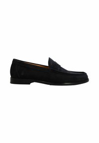 Navy suede loafers with a rounded toe and decorative stitching. Leather sole and low heel. Simple design without additional hardware.