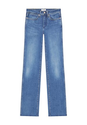 Μπλε τζιν με ίσια γραμμή και μέση μεσαίου ύψους, πέντε τσέπες, χαλκόχρωμες σκαρπίνες και κλείσιμο με κουμπί, με διακριτικές λεπτομέρειες ξεθωριασμένου πλυσίματος.