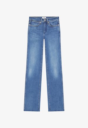 Blå jeans med rette ben og middels høy midje, fem lommer, kobbernagler og knappelukking, med subtile slitte detaljer i vasken.