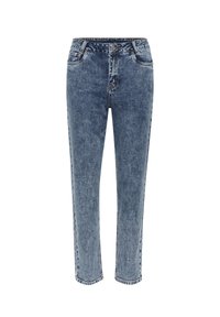 Höga jeans med rak ben i urtvättad blå denim. Har fem fickor, bälteshällor och en dragkedja med knappstängning.