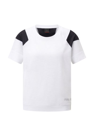 Witte korte mouwen t-shirt met zwarte accentmouwen, ronde hals en een textuurstof; met logo op de lagere voorkant.