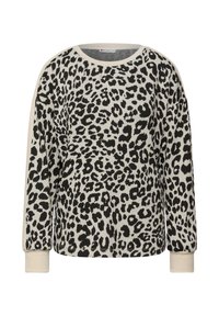 Beżowo-czarny sweter w panterkę, z długimi rękawami, okrągłym dekoltem i ściągaczami na mankietach. Miękka struktura i luźny krój.
