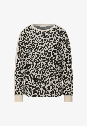 Béžový a černý pulovr s leopardím vzorem, s dlouhými rukávy, kulatým výstřihem a žebrovanými lemy na rukávech. Měkká textura a volný střih.