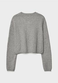 Grey cropped sweater with long sleeves, made of soft knit fabric. Features a rounded neckline and ribbed cuffs and hem.