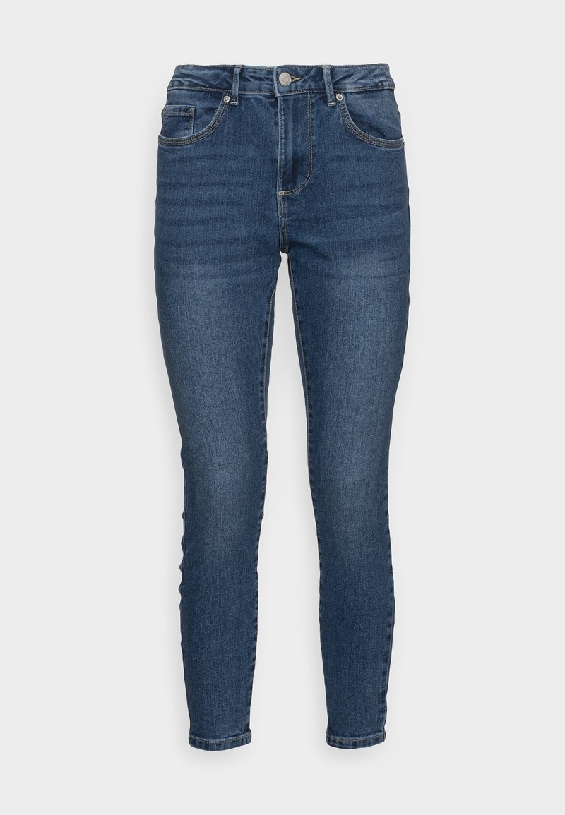 Smala jeans i mörkblå denim, som har en klassisk femfickesdesign, bältesslingor och en framknapp med dragkedja.