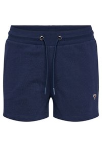 Námořnické modré bavlněné kraťasy s elastickým pasem, šňůrkovým zapínáním a vyšitým logem na dolním pravém rohu. Hladká textura.