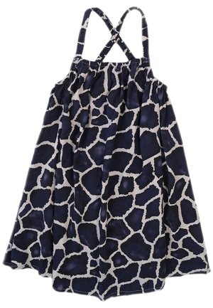 Robe à motif girafe aux couleurs bleu marine et blanc. Présente des bretelles croisées ajustables et une taille froncée pour une silhouette en A.