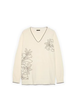 Cremfarbenes Sweatshirt mit V-Ausschnitt, versehen mit schwarzer floralem Stickerei auf der linken Seite und strukturierten Kanten mit kontrastierenden Stichdetails.