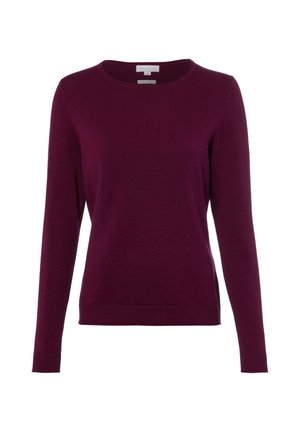 Langärmeliger Rundhals-Pullover in einfarbigem Dunkellila mit gerippten Bündchen und Saum, auf einfarbigem Hintergrund dargestellt.