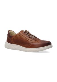 Braune Leder-Sneaker mit perforiertem Design, grauen Schnürsenkeln, Gummisohle und kontrastierender weißer Zwischensohle. Verfügt über eine abgerundete Zehenpartie und gepolsterten Kragen.
