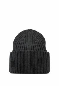 Dark grey knitted beanie with ribbed texture, rounded top, and cuffed design; features a small black logo tag on the side.