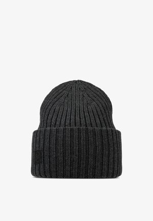 Dark grey knitted beanie with ribbed texture, rounded top, and cuffed design; features a small black logo tag on the side.