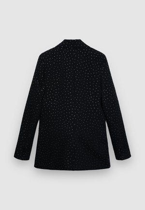 Blazer noir avec un motif tacheté de points argentés, doté d'un col cranté et de manches longues, confectionné dans un tissu lisse avec une coupe ajustée.