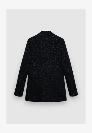 Blazer noir avec un motif tacheté de points argentés, doté d'un col cranté et de manches longues, confectionné dans un tissu lisse avec une coupe ajustée.