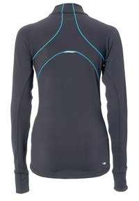 Maglia sportiva a maniche lunghe di colore grigio scuro con cuciture blu a contrasto. Tessuto morbido ed elasticizzato con scollatura alta e design del pannello posteriore curvo.