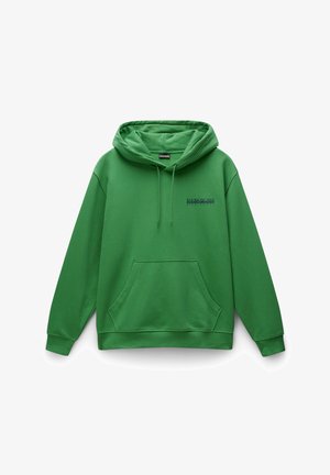 Sudadera verde de tela suave, con un gran bolsillo frontal, capucha ajustable con cordón y un pequeño logo en el pecho.