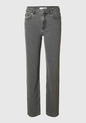 Hallide denimiga teksad, sirge jala kujundusega, kõrge talje, kontrastsete õmblustega, viie-tasku stiiliga ja lukuga esiosa.