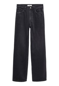 Jeans de pierna ancha negros, confeccionados en denim, que cuentan con cinco bolsillos, cierre de botón y un ligero desgastado en la tela. Corte recto y bordes sin dobladillo.