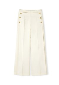Wide-leg trousers in soft cream fabric, featuring four golden buttons on the left side, with sharp pleats and a tailored design.