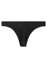 Tanga in cotone nero con una texture liscia, dotata di una vita stretta e un design con copertura minima. Costruzione semplice e senza cuciture.