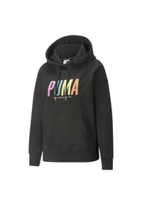 Sweatshirt à capuche noire en tissu doux, arborant un grand logo "PUMA" multicolore et une poche avant. Coupe standard avec des poignets côtelés.