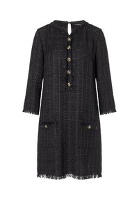 Zwart tweed jurk met een gestructureerd patroon, ronde halslijn, driekwart mouwen en gouden knoopaccenten. Heeft franjes en zakken.
