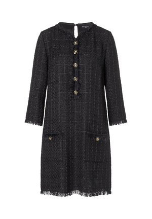 Schwarzes Tweed-Kleid mit strukturiertem Muster, runden Ausschnitt, 3/4-Ärmeln und goldenen Knopf-Akzenten. Verfügt über Fransen-Details und Taschen.