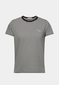 Gestreiftes T-Shirt mit kurzen Ärmeln aus schwarzer und weißer Baumwolle. Figurbetonter Schnitt mit einem schwarzen Rundhalsausschnitt und einem kleinen gestickten Logo auf der Brust.