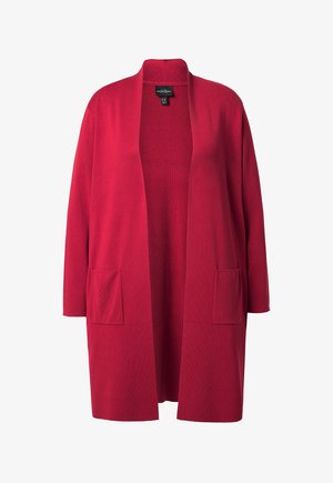 Cardigan rouge avec une ouverture à l'avant, des manches longues et deux poches avant. Fabriqué en matériau tricoté doux avec une texture lisse.