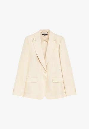 Blazer in lino beige chiaro con un solo bottone, rever a punta e due tasche frontali. Texture liscia e vestibilità sartoriale.