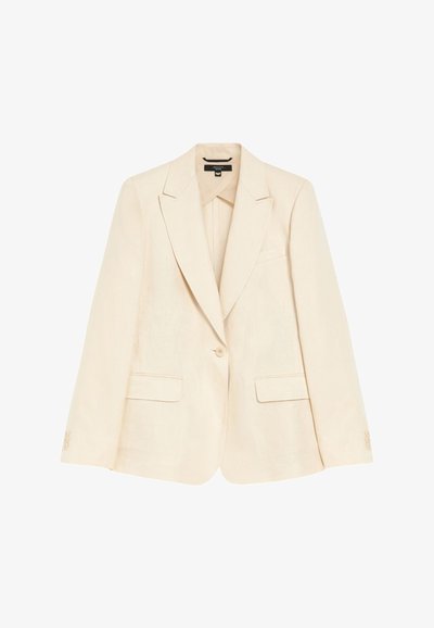 Hellbeige Leinenblazer mit einem Knopf, Reverskragen und zwei vorderen Taschen. Geschmeidige Textur und taillierte Passform.