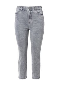 Jeans de mezclilla gris con una cintura alta, pierna ajustada y diseño de cinco bolsillos. Presenta un desgaste sutil y un cierre tradicional de botones.