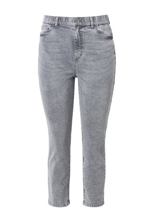 Jeans in denim grigio con vita alta, gamba affusolata e design a cinque tasche. Presentano un leggero sbiadimento e una chiusura tradizionale con bottone.