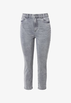 Šedé džíny z denimu s vysokým pasem, zúženými nohavicemi a klasikou pěti kapes. Obsahují jemné šisování a tradiční zapínání na knoflík.