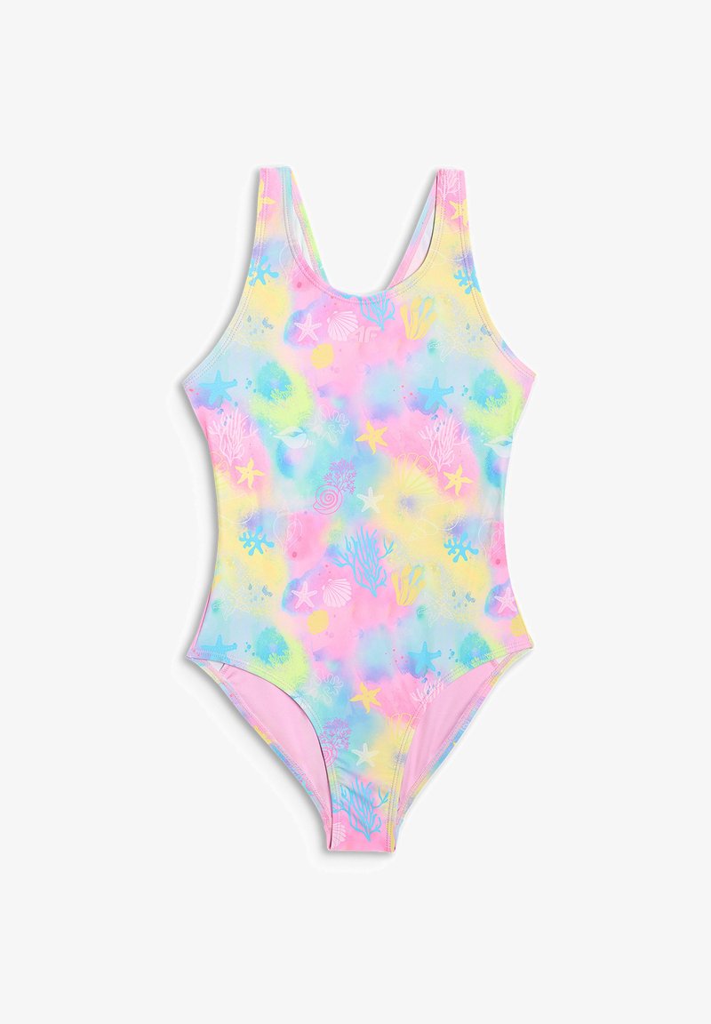 Maillot de bain une pièce pastel avec des couleurs rose, bleu et jaune, avec des motifs d'étoiles de mer, coquillages et coraux.