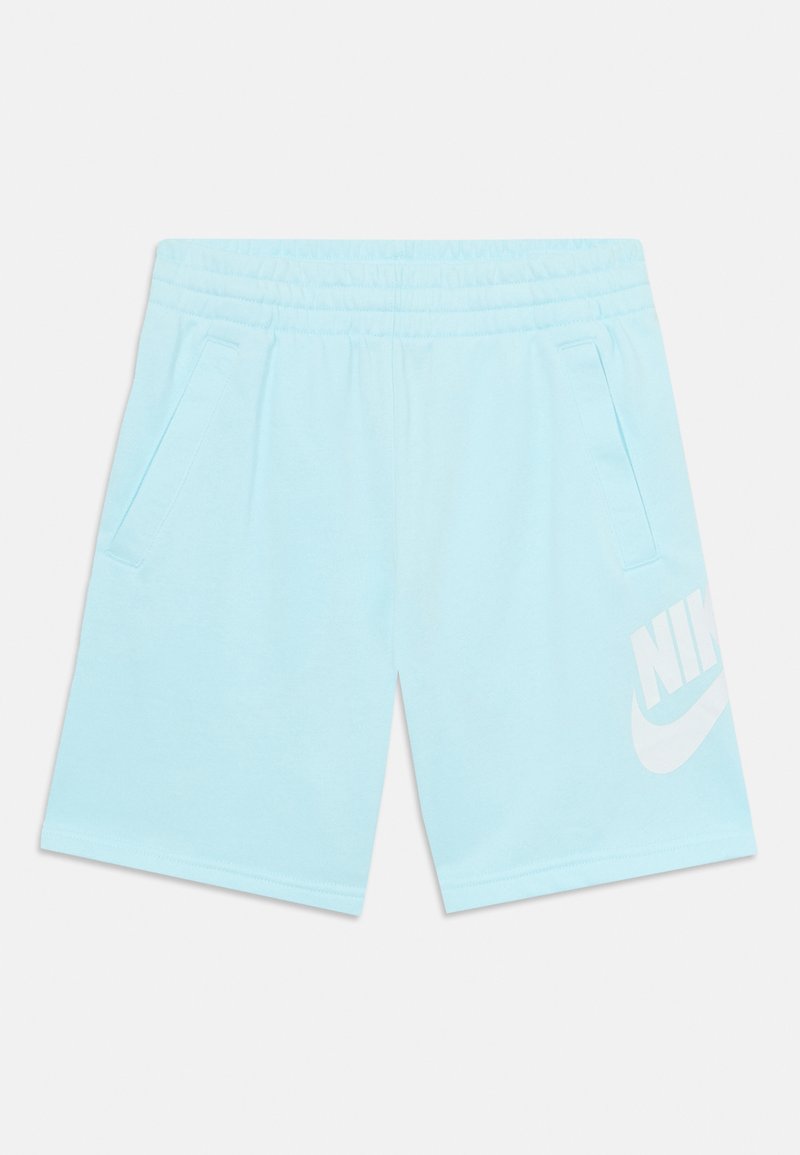 Calções de desporto azul claro feitos de tecido suave, com cintura elástica, dois bolsos laterais e um grande logótipo branco da Nike no lado esquerdo.