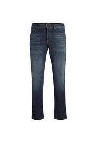 Blugi din denim de culoare albastră închisă, cu croială dreaptă, cinci buzunare și detalii de cusătură. Textură netedă, cu o ușoară decolorare la coapse și genunchi.
